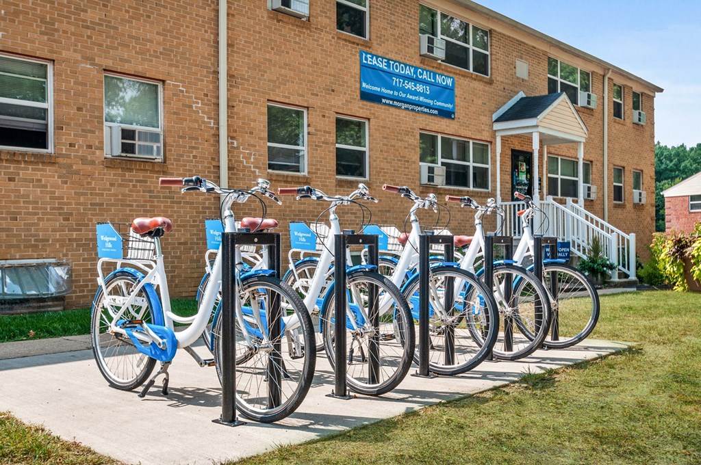 a row of bikes parked in front of a brick building