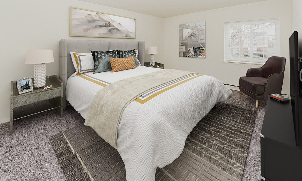 an image of a bedroom with a bed and a chair