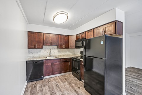 A kitchen with a black refrigerator and wooden cabinets.