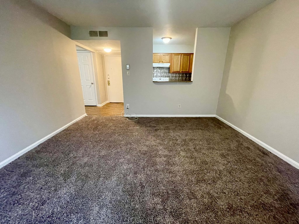 an empty living room with carpeted flooring and white walls