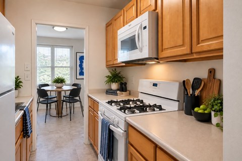 A kitchen with a white stove and wooden cabinets.