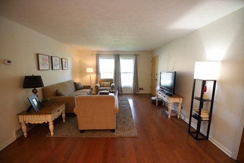A living room with a couch, chair, and television.