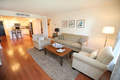 A living room with a couch, chair, and coffee table.