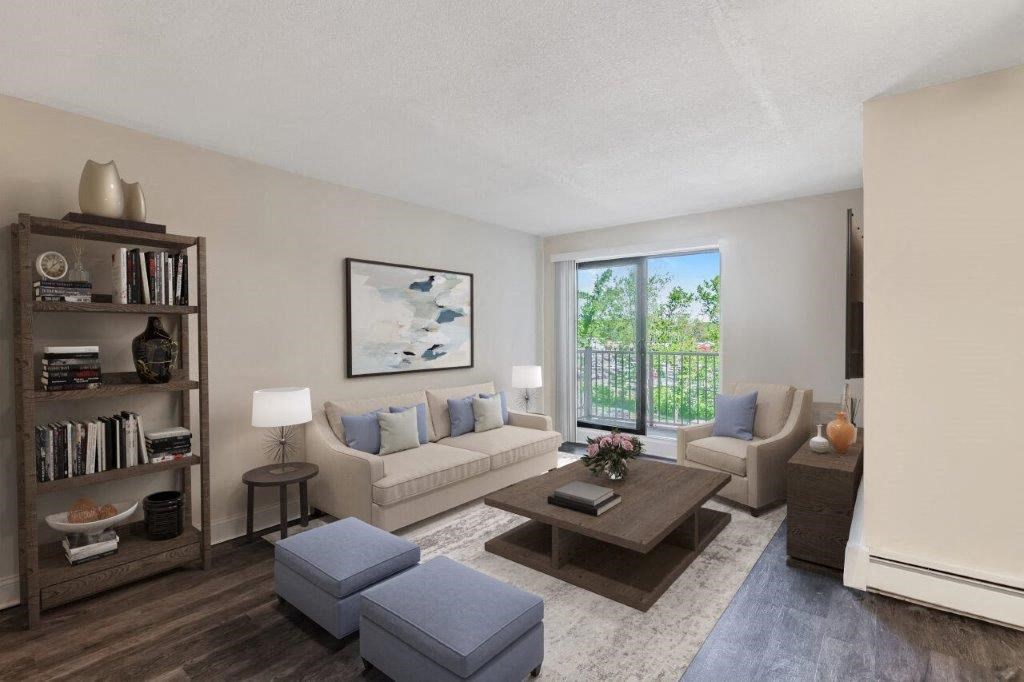 a living room with a couch and a table