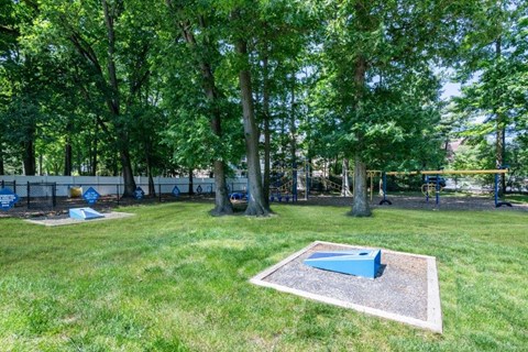 a park with a seesaw in the grass and trees