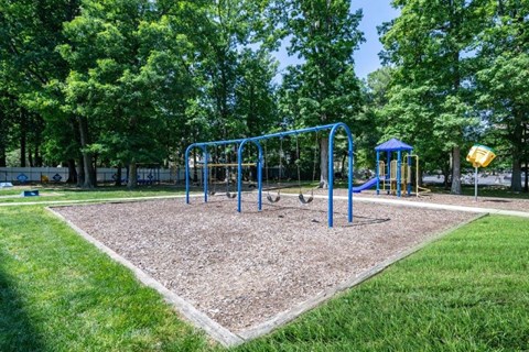 a playground with a blue swing set in a park