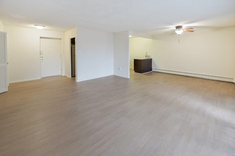 A room with a wooden floor and a ceiling fan.