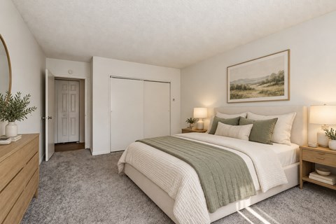 A bedroom with a large bed and a painting on the wall.