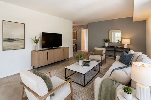 A living room with a white sofa, a wooden chair, a coffee table, a TV, and a painting on the wall.