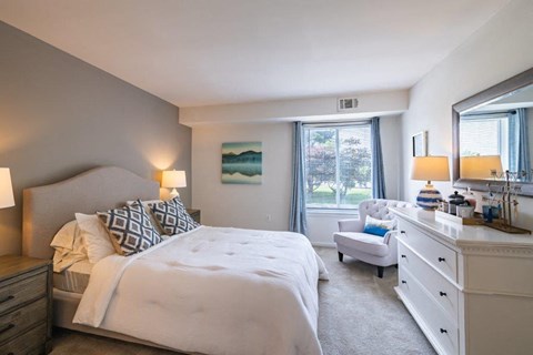 a bedroom with a bed and a chair and a dresser