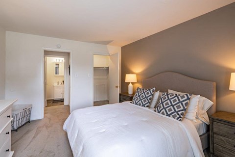 a bedroom with a large bed and a closet