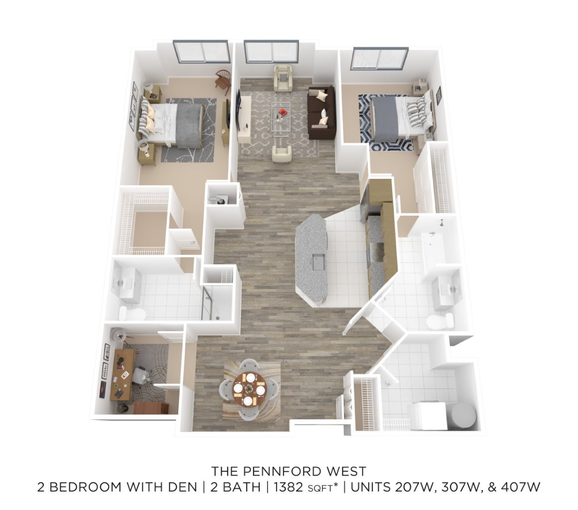 Two Bedroom 2 Bath w/ Den-1382 sqft