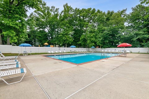 a pool with chairs and umbrellas around it in front of trees