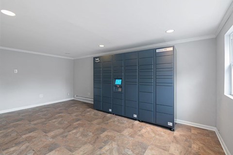 a large room with a large blue door