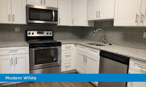 a modern white kitchen with stainless steel appliances and white cabinets