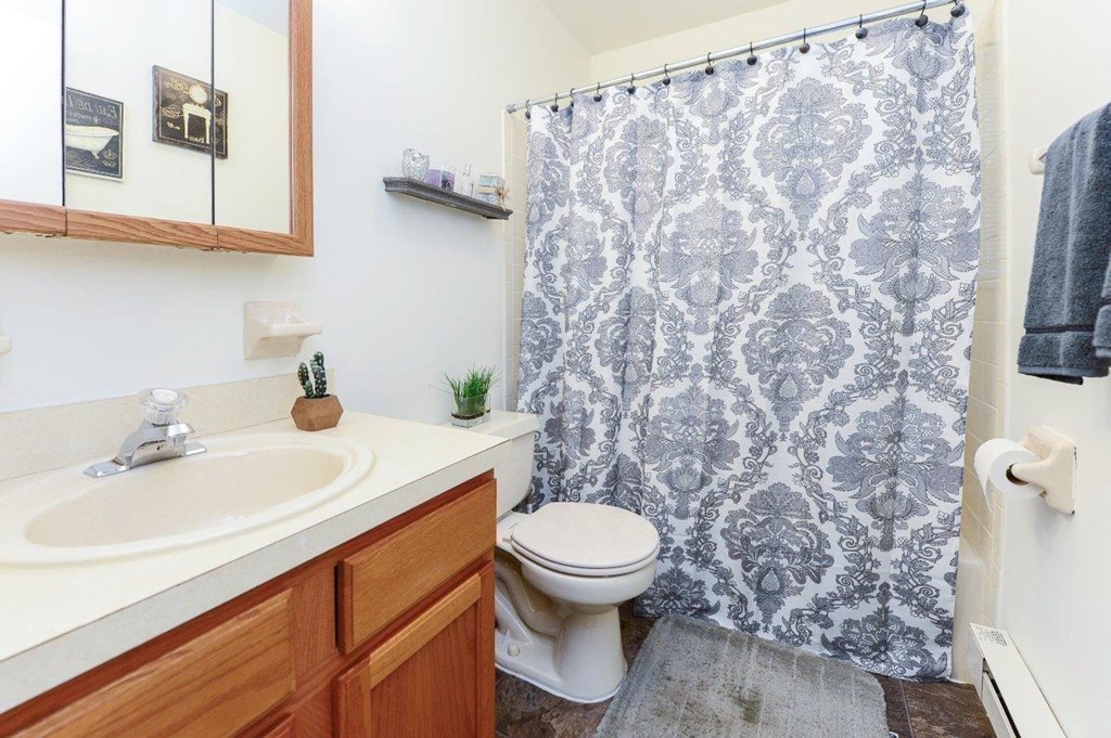 a bathroom with a sink toilet and a shower curtain