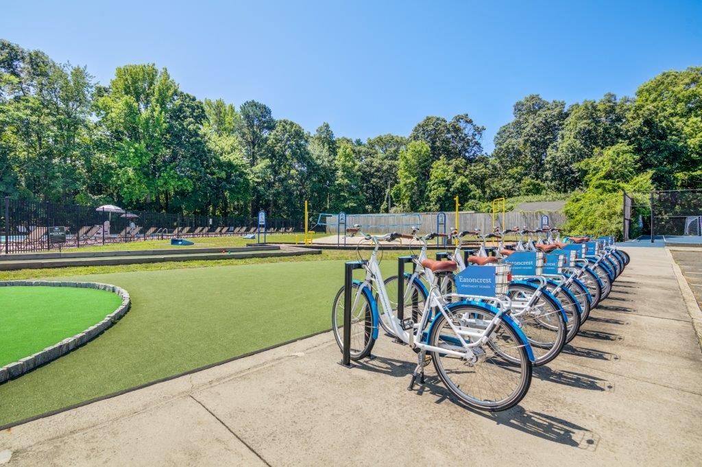 a row of bikes parked in front of a park