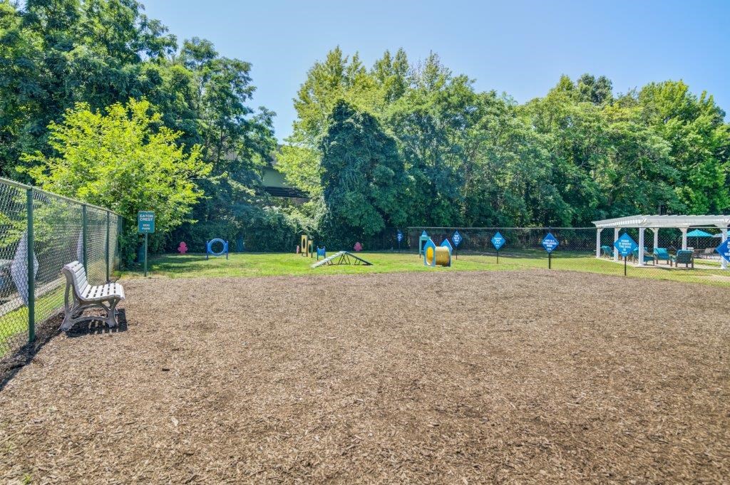 a dog park with a playground and a bench