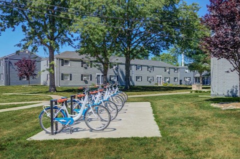 a row of bikes parked in front of houses