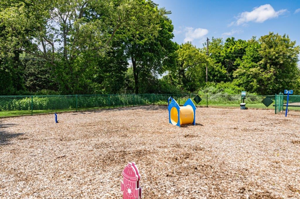 a playground in a park with slides and trees