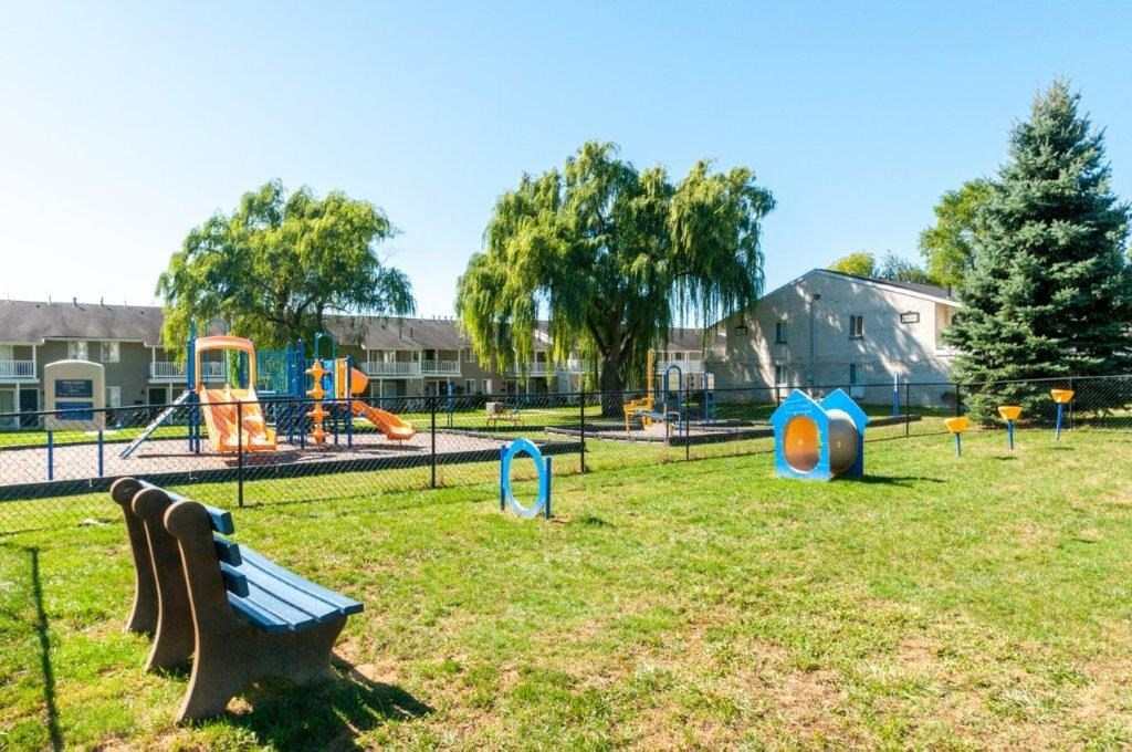 a playground in a park with benches
