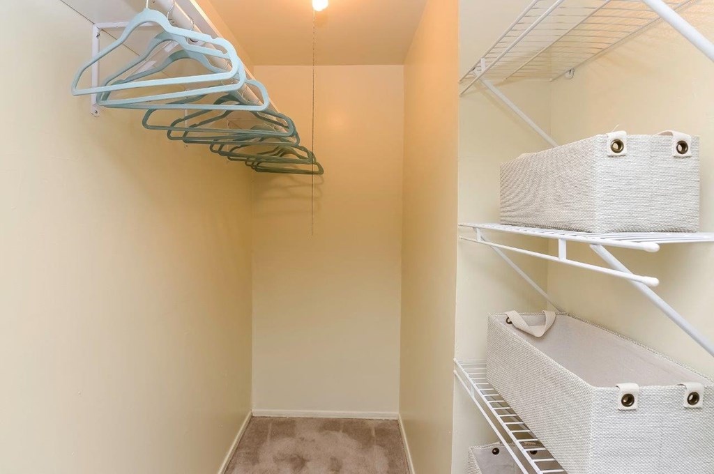 a spacious walk in closet with shelves and baskets