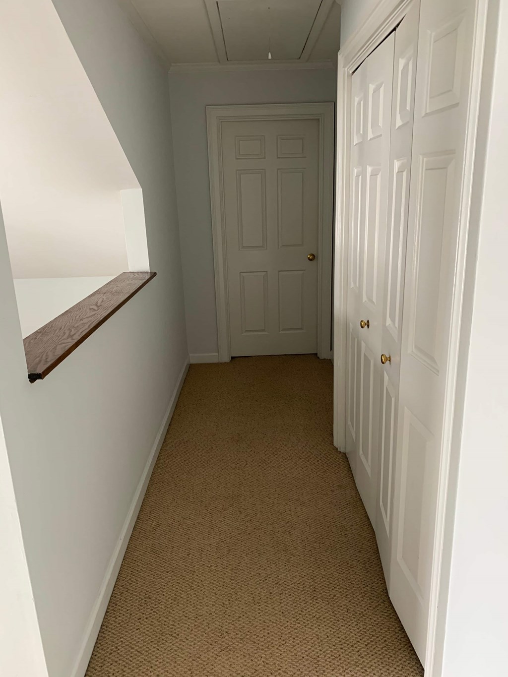 a hallway with a closet and a white door