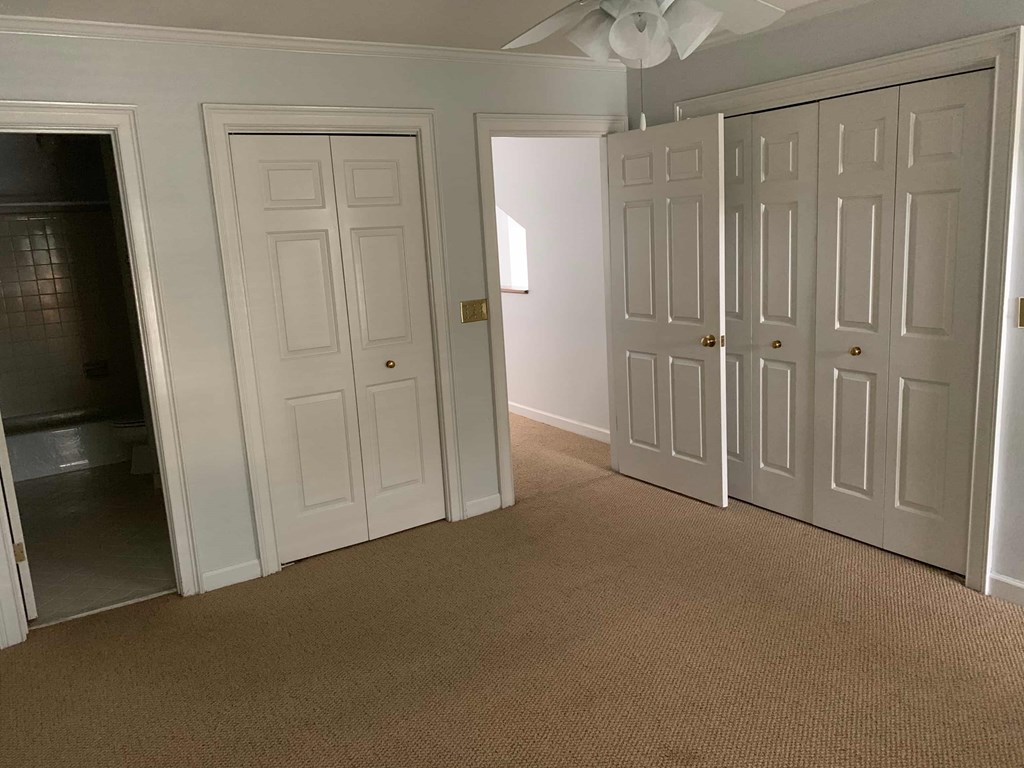 a bedroom with three closets and a carpeted floor