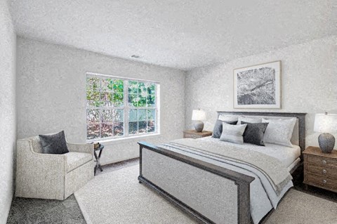 a bedroom with a bed and a chair and a window