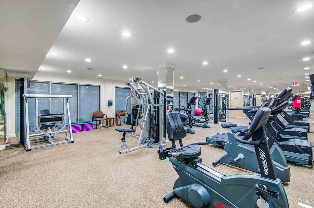 a gym with treadmills and other exercise equipment