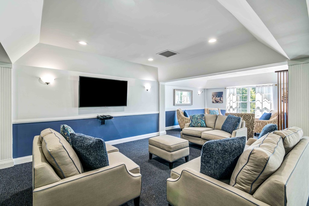 a living room with couches and chairs and a tv