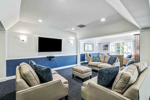 a living room with couches and chairs and a tv