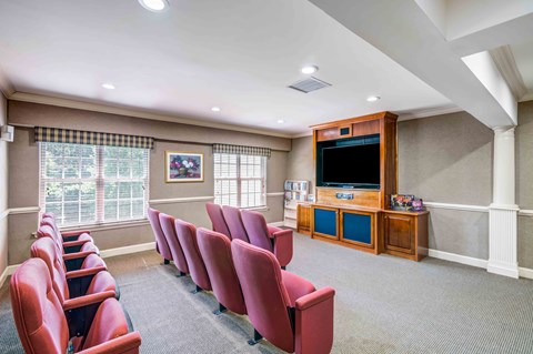 a theater room with red chairs and a television