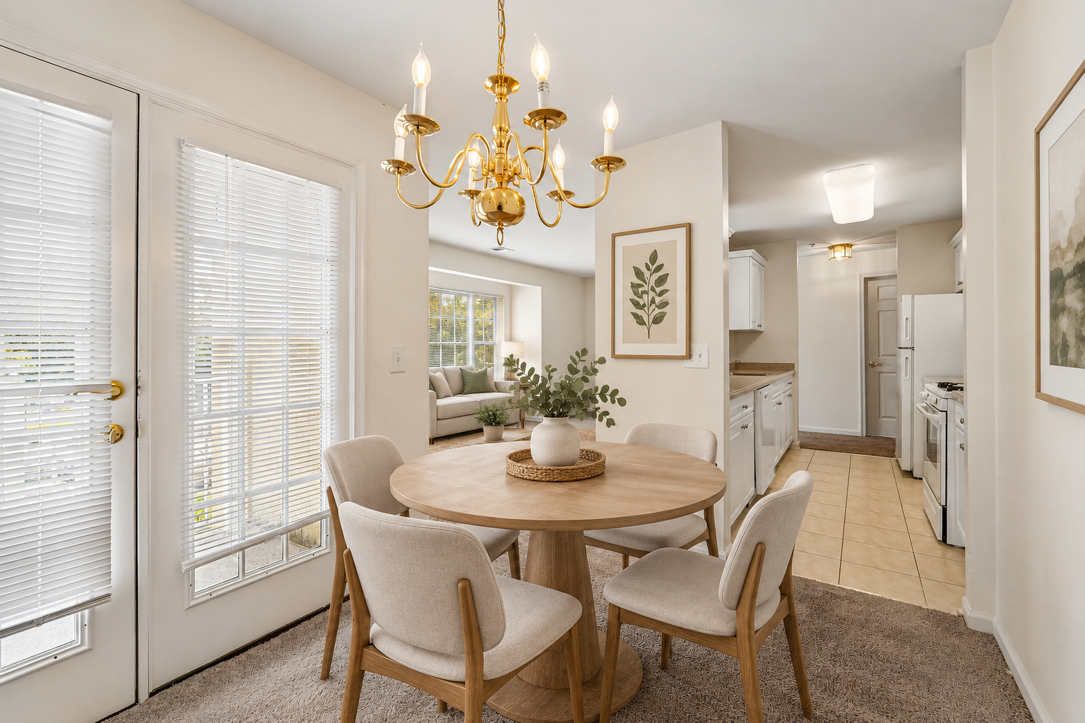 A dining room with a round table and chairs.