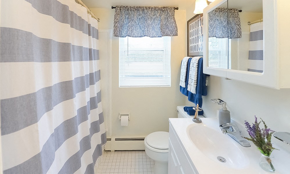 a bathroom with a shower curtain and a sink and a toilet