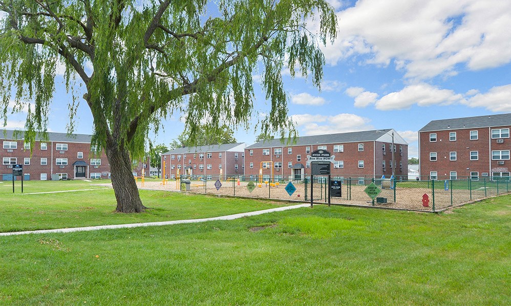 a playground in front of a school with a tree