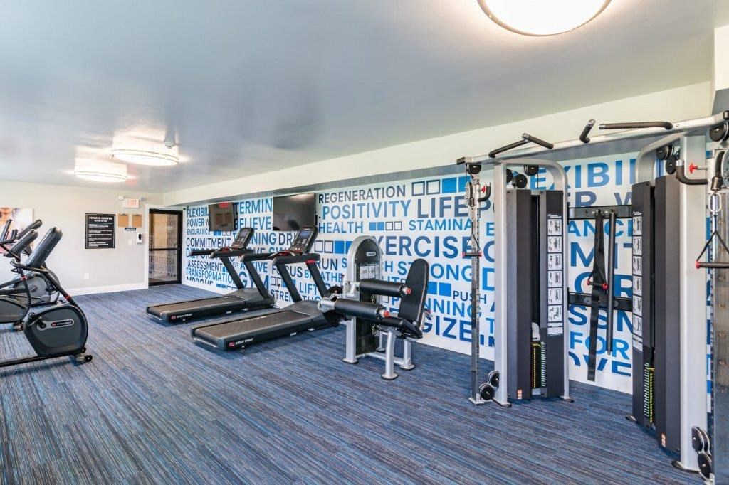 a gym with weights and cardio machines and a wall of graffiti