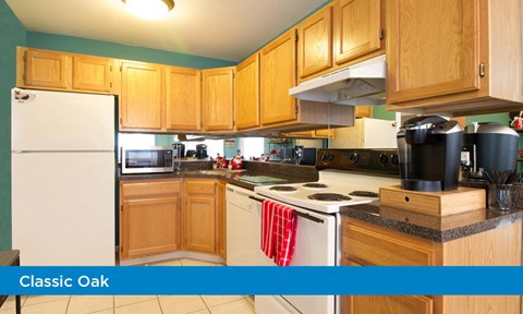 a kitchen with wooden cabinets and a white stove and refrigerator
