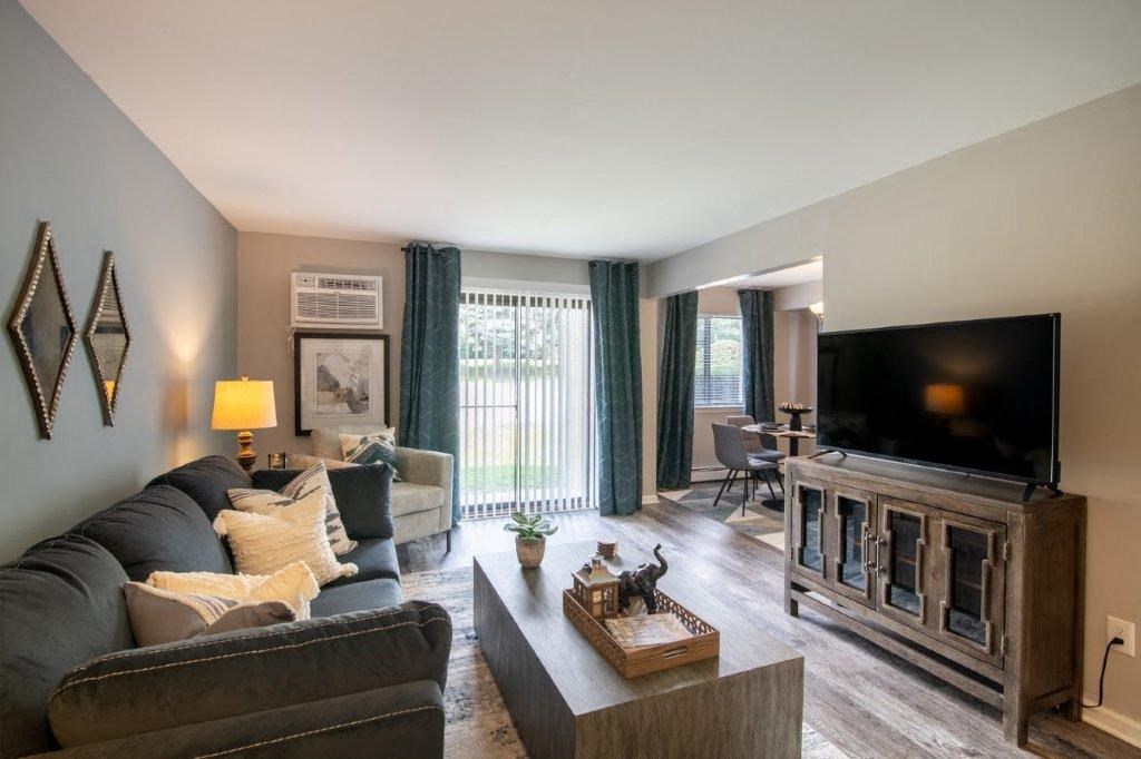 a living room with a couch and a television