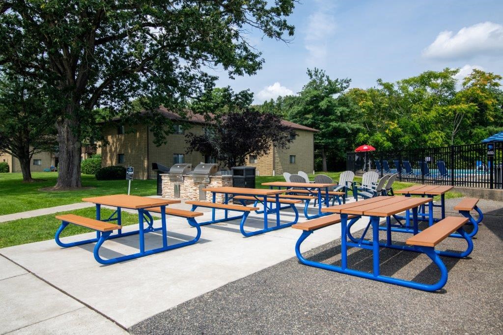 a picnic area with benches and picnic tables