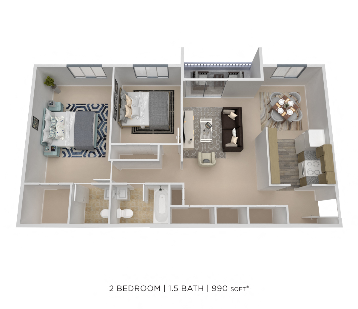 Two Bedroom 1.5 Bath-990 sqft