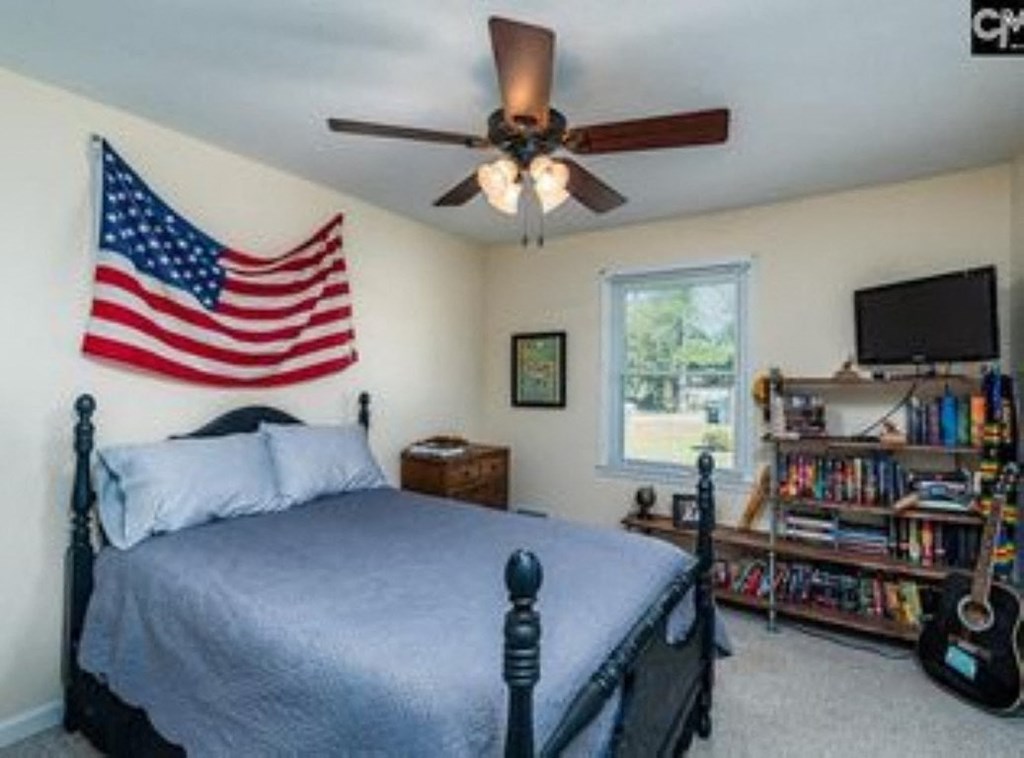 A bedroom with a bed, a ceiling fan, and an American flag on the wall.