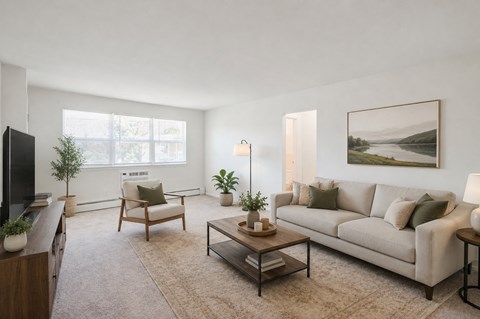A living room with a couch, chair, and potted plants.