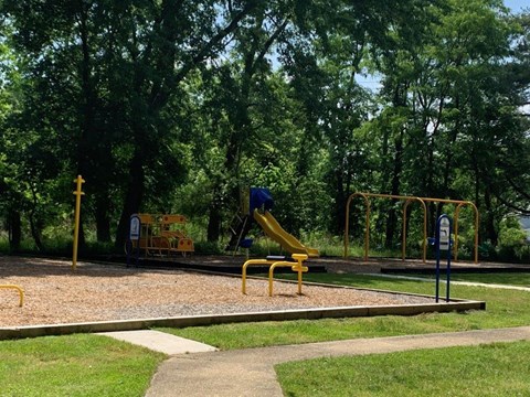 a playground with a slide and swings in a park