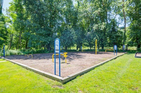 a playground in a park with playground equipment