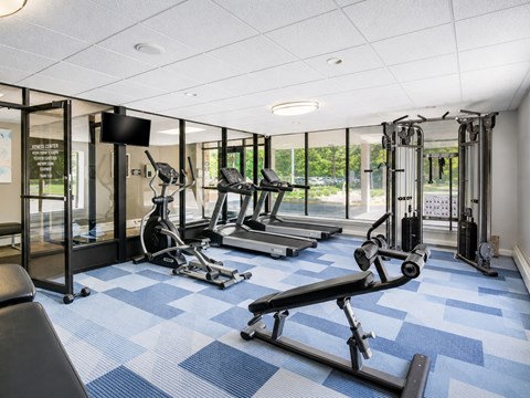 A gym with a variety of equipment including treadmills, weights, and a flat screen TV.