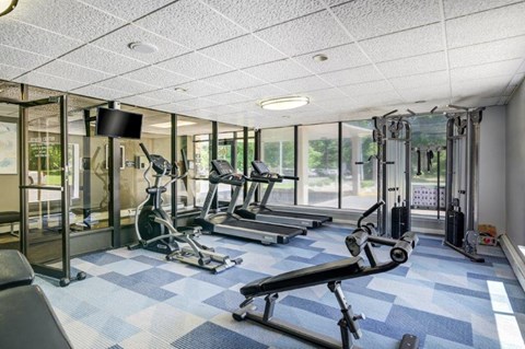 a gym with cardio equipment and windows in a building