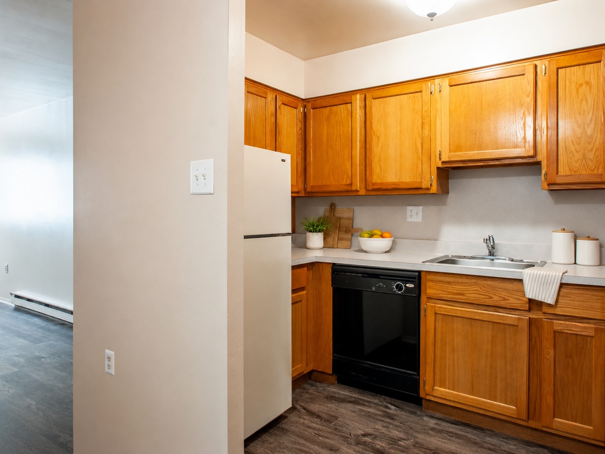 A kitchen with wooden cabinets and a black dishwasher.