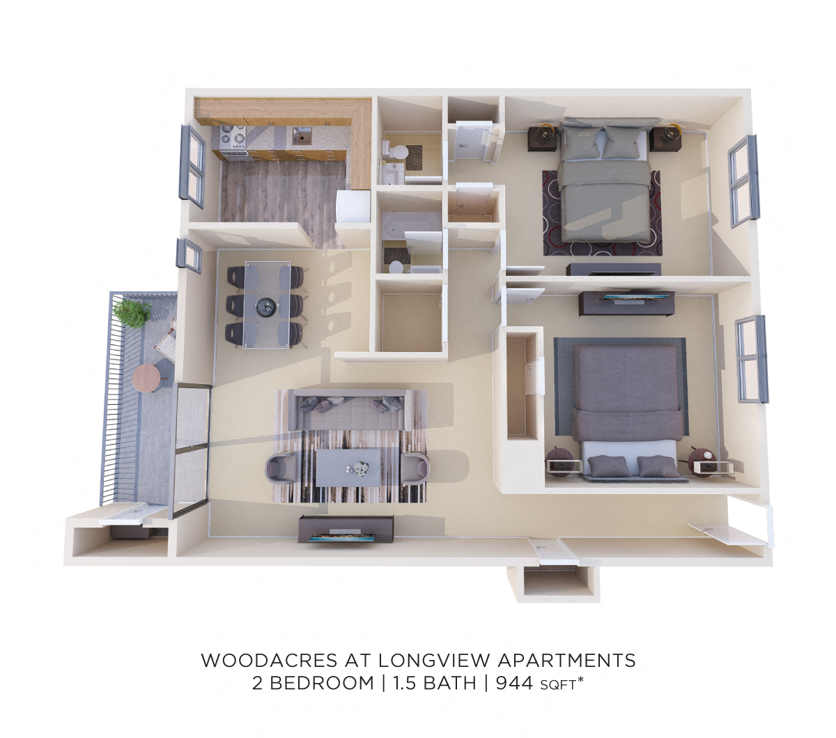 Two Bedroom 1.5 Bath - 944 sqft