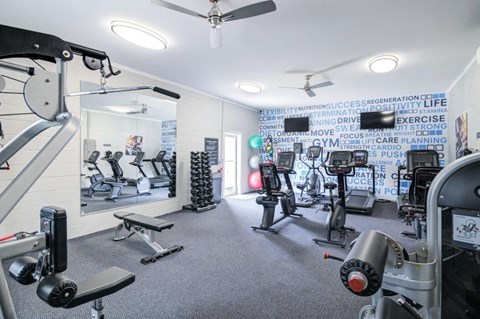 a gym with various exercise equipment and a mirror